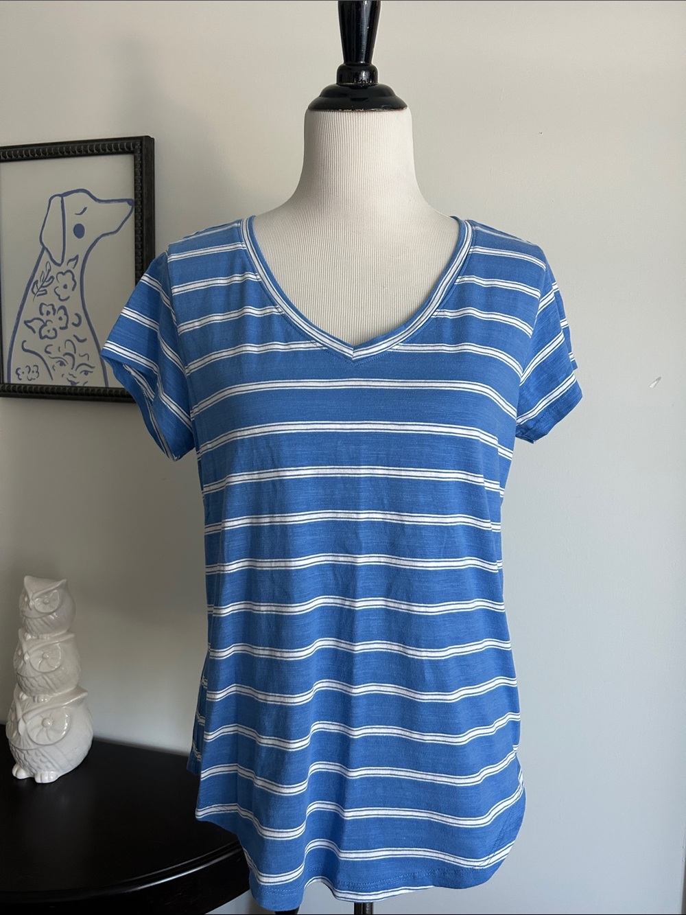Sonoma L Blue white Striped V-Neck short sleeve knitTop